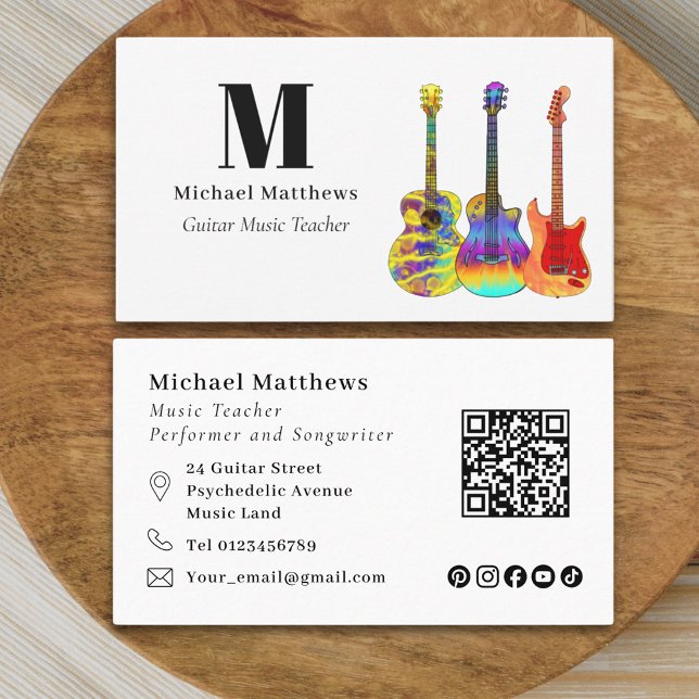 Carte De Visite Guitare Teacher Music Business Code QR (Guitar teacher musician qr code and social media business card)