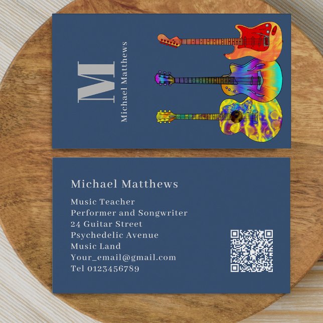 Carte De Visite Guitare Teacher Musicien Personnalisé QR Code (Modern guitar music teacher professional musician qr code blue Business card)