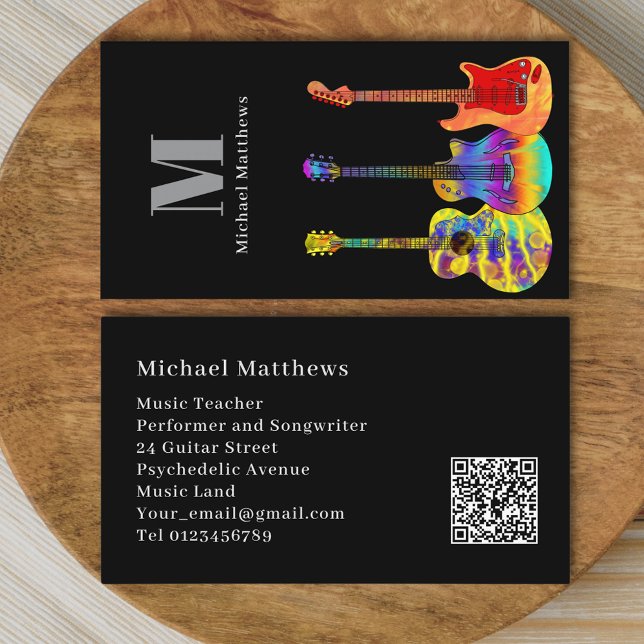 Carte De Visite Guitare Teacher Musicien Personnalisé QR Code (Guitar teacher music website qr code business card)