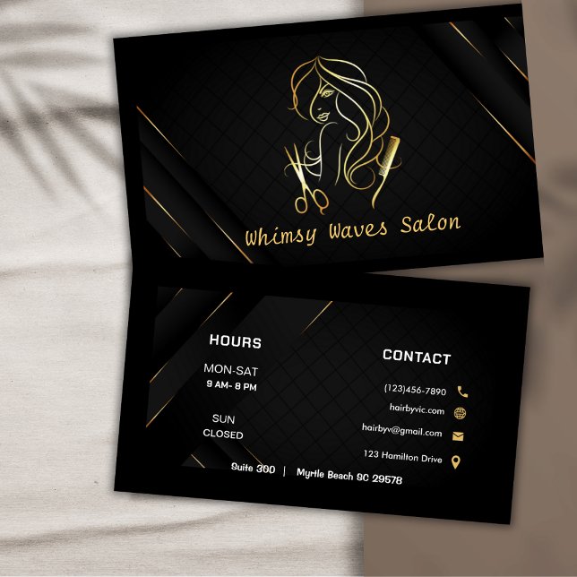 Carte De Visite Hair Stylist Chic Black & Gold Beauty Salon (Créateur téléchargé)
