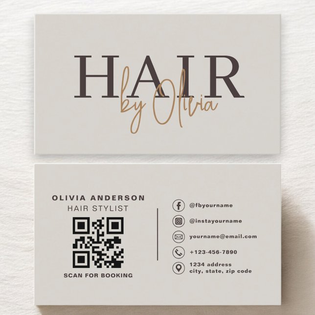 Carte De Visite Hair Stylist Earthy Neutral QR Code  (Créateur téléchargé)