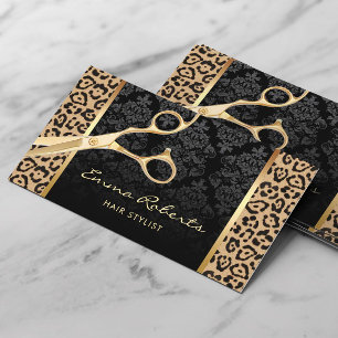 Carte De Visite Hair Stylist Gold Ciseau Moderne Leopard Salon