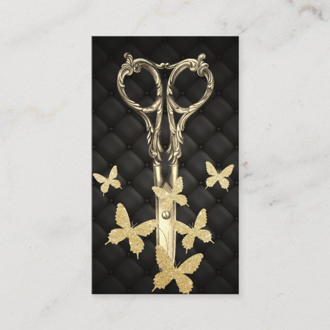Carte De Visite Hair Stylist Moden Gold Ciseau & Papillons  (Devant)