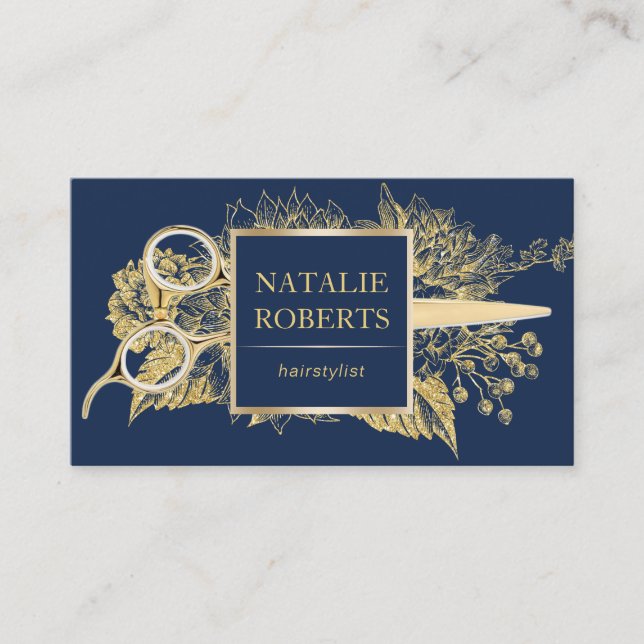 Carte De Visite Hair Styliste Marine & Gold Floral Beauty Salon (Devant)