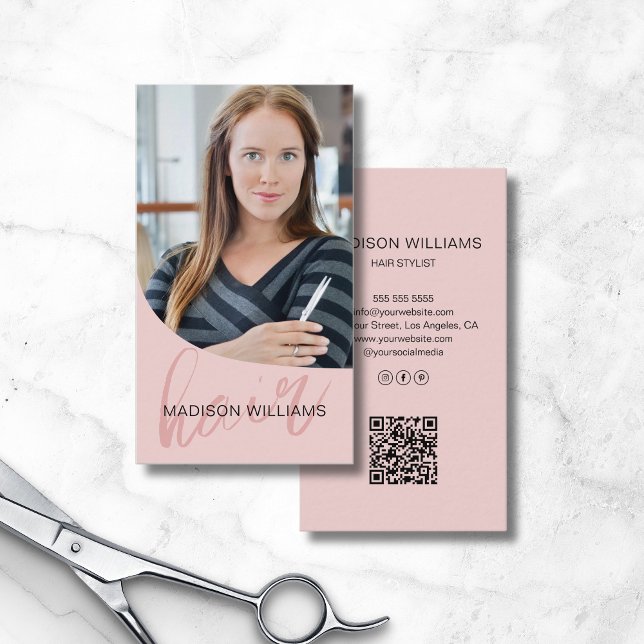 Carte De Visite Hair Styliste Salon Photo QR Rose (Hair Stylist Salon Photo QR Pink Business Card)