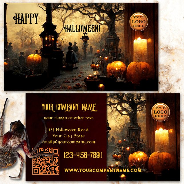 Carte De Visite Halloween du cimetière éffrayant (Halloween business card featuring a spooky graveyard at dusk with burning candles and pumpkins)