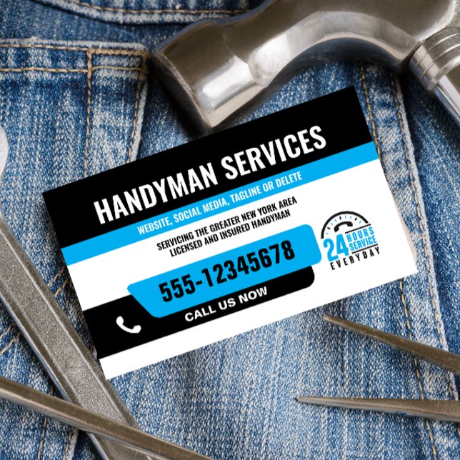 CARTE DE VISITE HANDYMAN REMPLACER LE GARS RÉPARATION URGENTE BLAC (Créateur téléchargé)