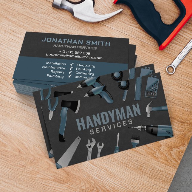 Carte De Visite Handyman services outils gris bleu (Créateur téléchargé)