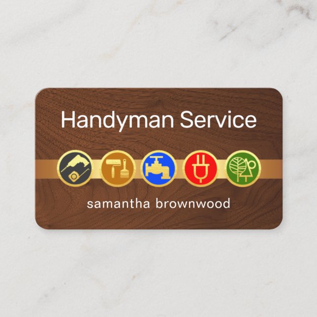 Carte De Visite Handyman Tool Icons On Gold Tab Timber Wood (Devant)