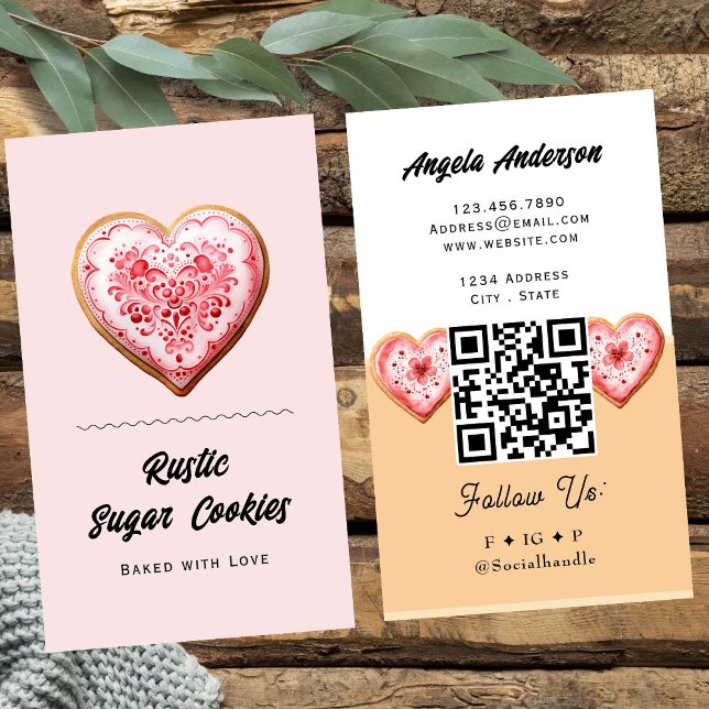 Carte De Visite Heart Cookie Trendy QR Code and Website (Créateur téléchargé)