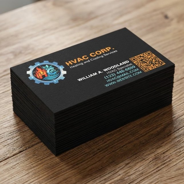 Carte De Visite Heating and Cooling Logo & Qr Code | Black HVAC (minimalist HVAC business cards. Designed for true heating and cooling specialists)