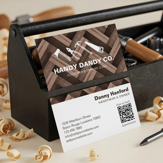 Carte De Visite Herringbone Woodgrain Handyman Outils Entrepreneur (Herringbone Woodgrain Handyman Tools Contractor Business Card)