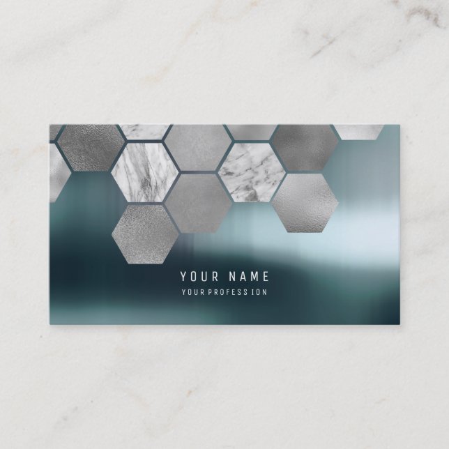 Carte De Visite Hexagone Turquoise en acier métallique marbre gris (Devant)