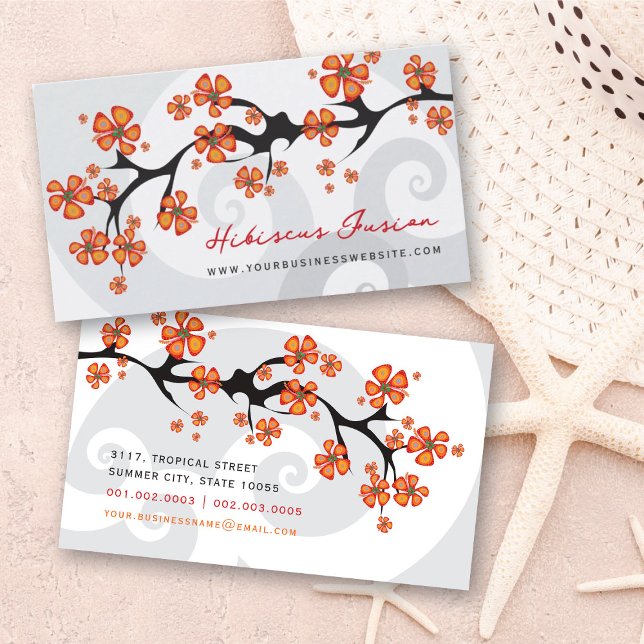 Carte De Visite Hibiscus Orange Tropical Fleur Fusion Gris Fils (Tropical Orange Hibiscus Flower Fusion Grey Swirls Business Card @ fat_fa_tin)