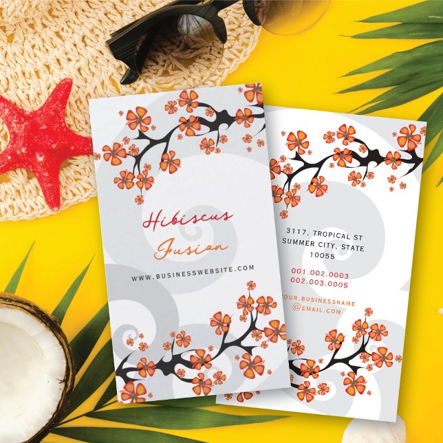 Carte De Visite Hibiscus Orange Tropical Fleur Fusion Gris Fils (Tropical Orange Hibiscus Flower Fusion Grey Swirls Business Card @ fat_fa_tin)
