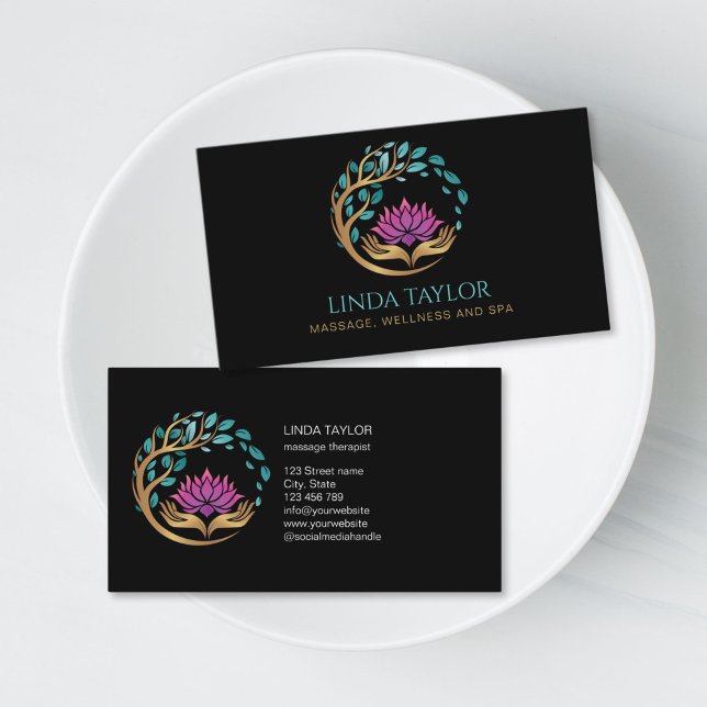 Carte De Visite Holistic Massage Therapist Wellness Spa Lotus (massage logo with hands holding a lotus flower and tree of life, gradient gold, green and purple col)