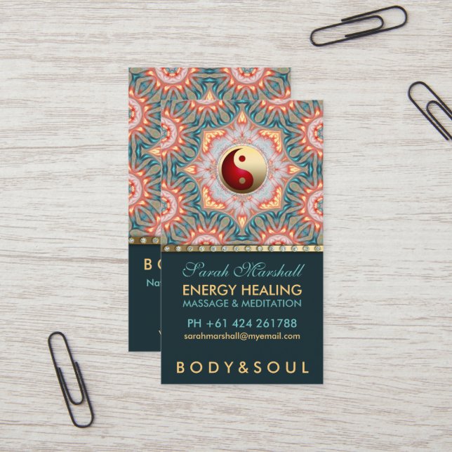 Carte de visite holistique turquoise Gold Energy H (Devant/Arrière en situation)