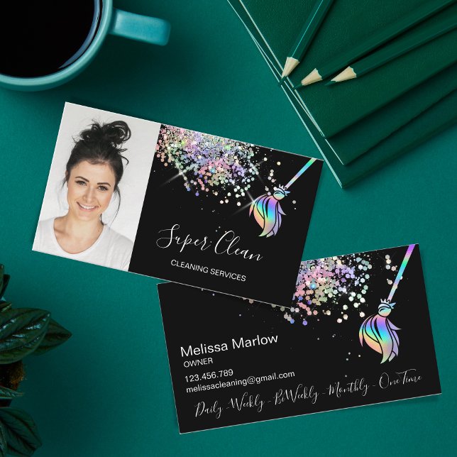 Carte De Visite Holographe de ménage de la maison étincelante phot (Cleaning Business Card with Holographic Logo Design)