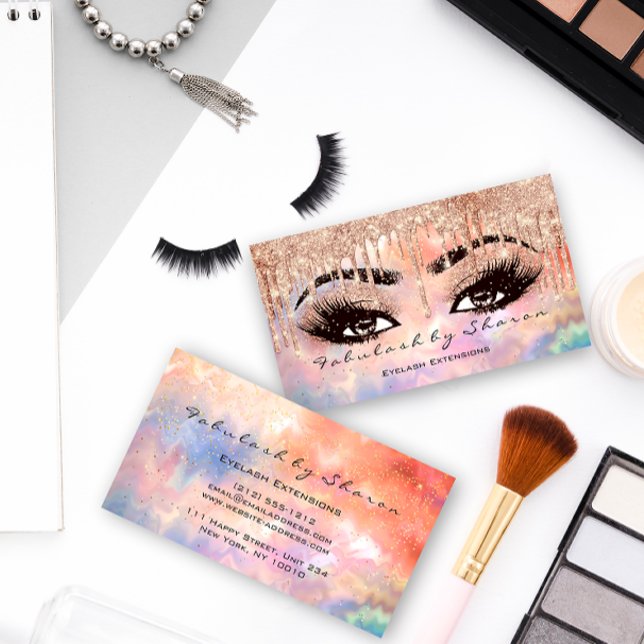 Carte De Visite Holographe Rose de Parties scintillant de gouttes  (Makeup Eyebrow Lashes Glitter Drip Rose Holograph Business Card)