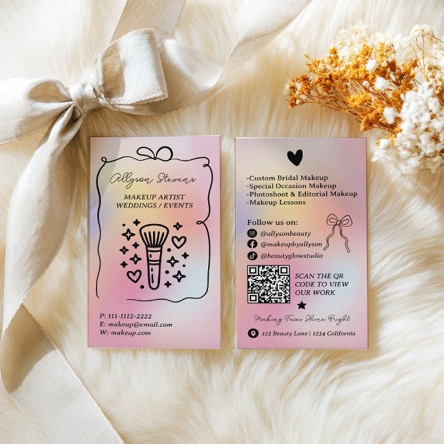 Carte De Visite Holographic rainbow Doodles Makeup Artist QR Code (Holographic rainbow Doodles Makeup Artist QR Code Business Card)
