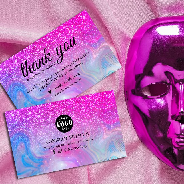 Carte De Visite Holographie de la parties scintillant arc-en-ciel  (Sparkle and shine with gratitude! Rainbow holographic and hot pink glitter business cards)