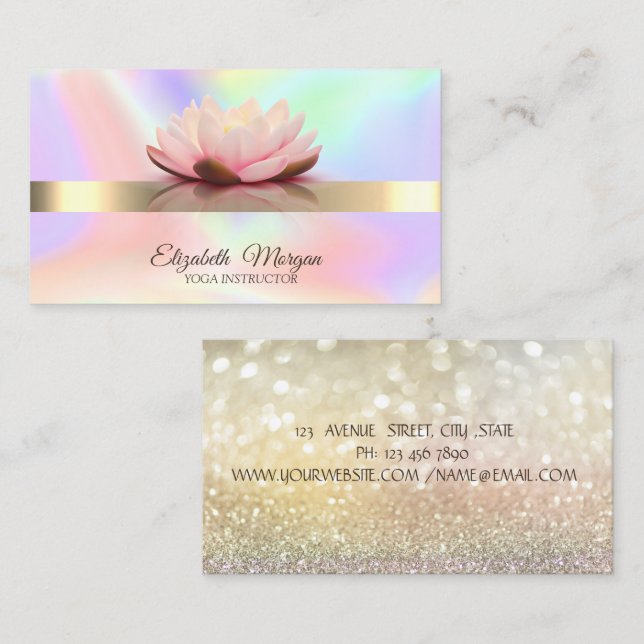 Carte De Visite Holographie Élégante, Bokeh Gold, Lotus Flower Yog (Devant / Derrière)