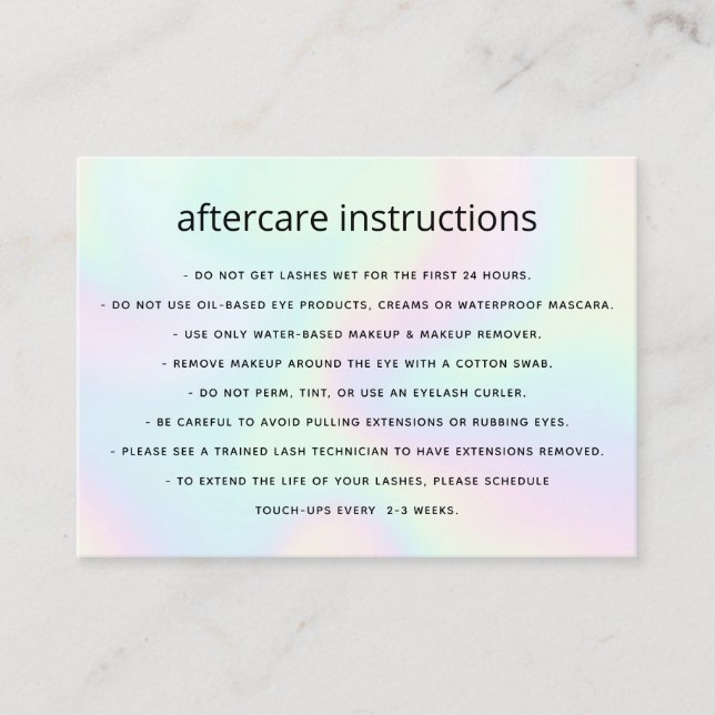 Carte De Visite Holographique AfterCare pour les extensions Lash (Devant)