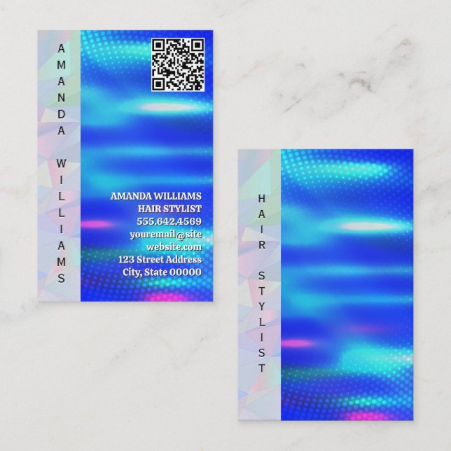 Carte De Visite Holographique géométrique | Code QR | Métal bleu (Devant / Derrière)