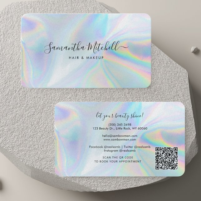 Carte De Visite Holographique QR Code Script Coiffure et maquillag (Holographic QR Code Script Hair and Makeup Salon Business Card)