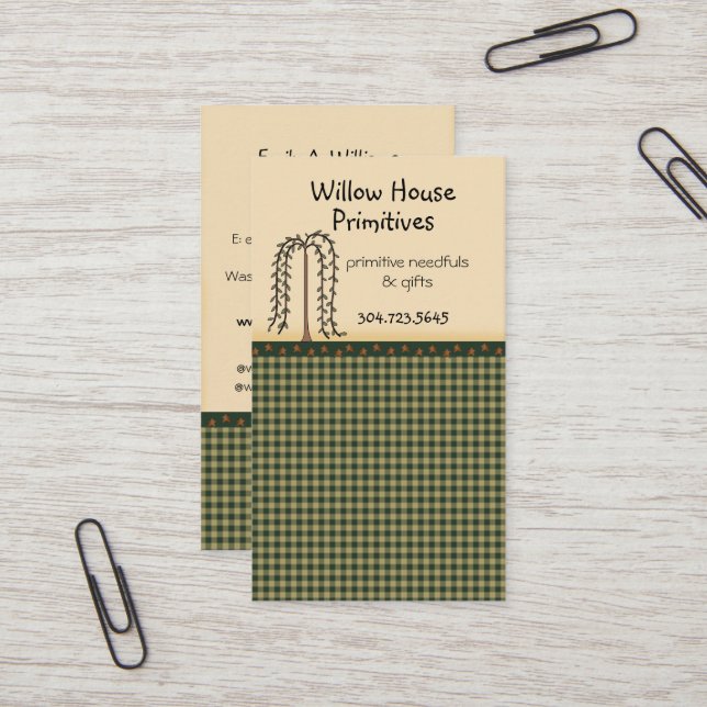 Carte De Visite Homespun En vichy Willow Tree Pays primitif (Devant/Arrière en situation)