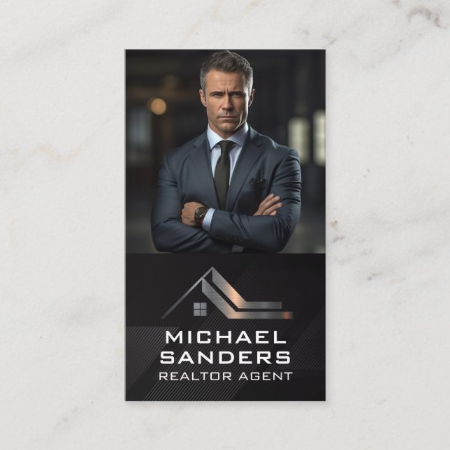 Carte De Visite Homme d'affaires en costume | Logo immobilier méta (Devant)
