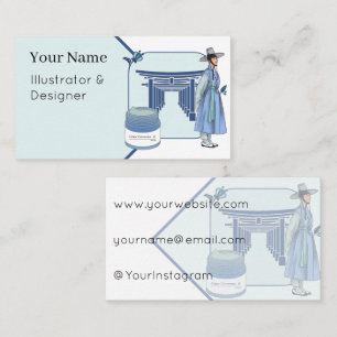 Carte De Visite Homme en Hanbok Bleu & Portails Traditionnels