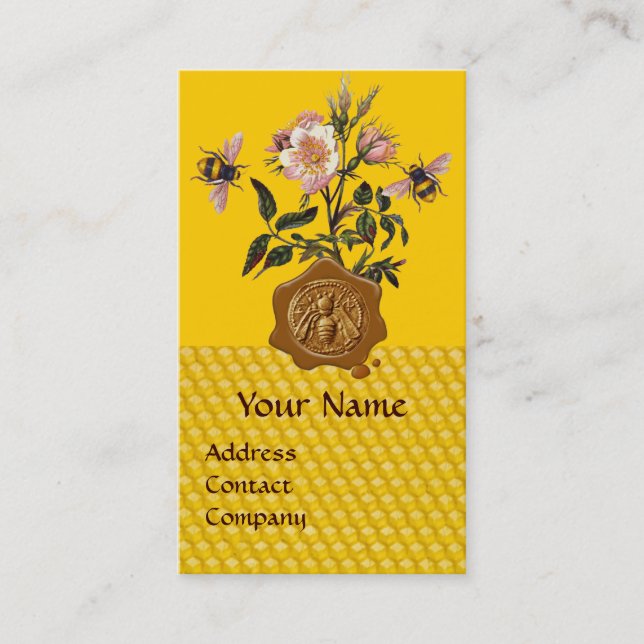 CARTE DE VISITE HONEY BEE AND WILD ROSES, BEEKEEPER WAX SEAL (Devant)