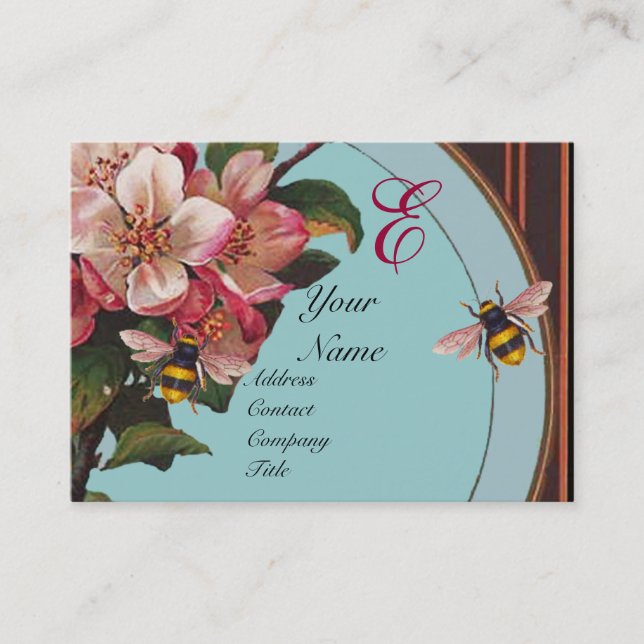 CARTE DE VISITE HONEY BEES ET ROSES SAUVAGES DANS SKY BLUE MONOGRA (Devant)