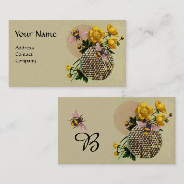 Carte De Visite HONEY BEES, HONEYCOMB ET BUTTERCUPS MONOGRAM Pearl (Devant / Derrière)