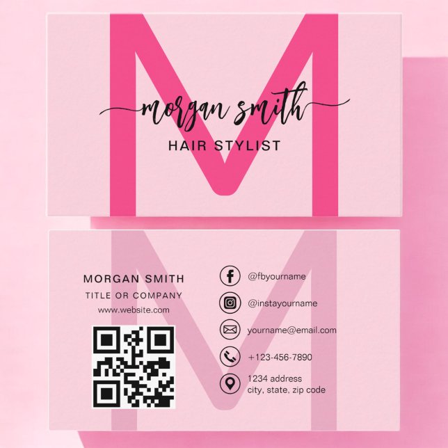 Carte De Visite Hot rose moderne QR Code Script Girl Monogramme No (Créateur téléchargé)