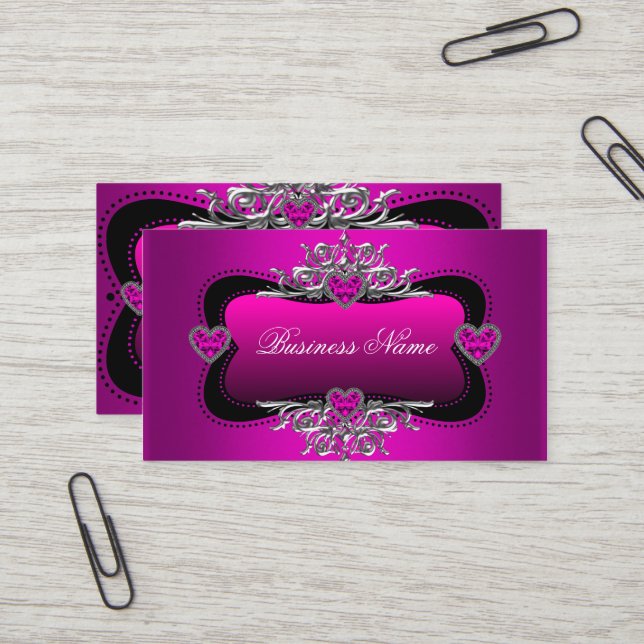 Carte De Visite Hot rose Silver Diamond Hearts Élégante Entreprise (Devant/Arrière en situation)