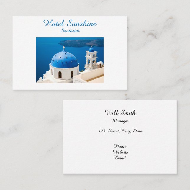Carte De Visite Hotel Greece Church Santorini bleu photo et texte (Devant / Derrière)