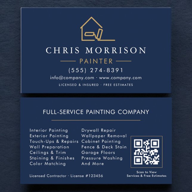 Carte De Visite House Painter Navy Blue Gold QR Code (Créateur téléchargé)