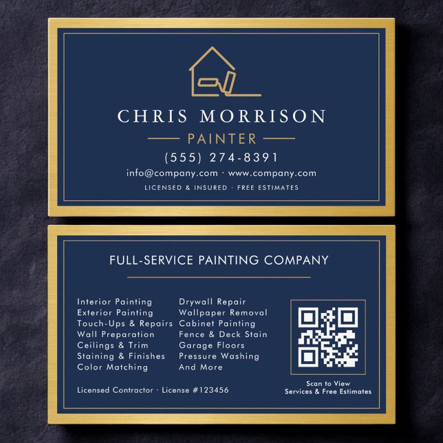 Carte De Visite House Painter QR Code Gold Blue Metal Painting  (Créateur téléchargé)