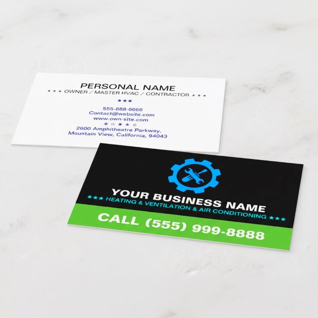 Carte De Visite HVAC Heating & Air Conditioning | Logo on Black ( professional black cards, heating cooling ventilation, air conditioning repair,)