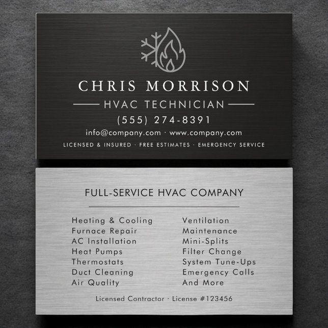 Carte De Visite HVAC Heating and Air Black Steel Metallic (Créateur téléchargé)