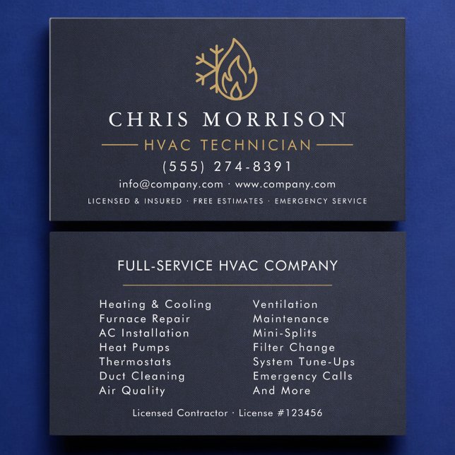 Carte De Visite HVAC Technician Navy Blue Gold Modern (Créateur téléchargé)