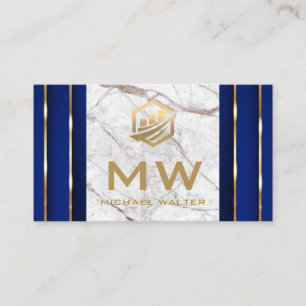 Carte De Visite Icône Fin Tech   Blanc marbre   Détails Gold Blue