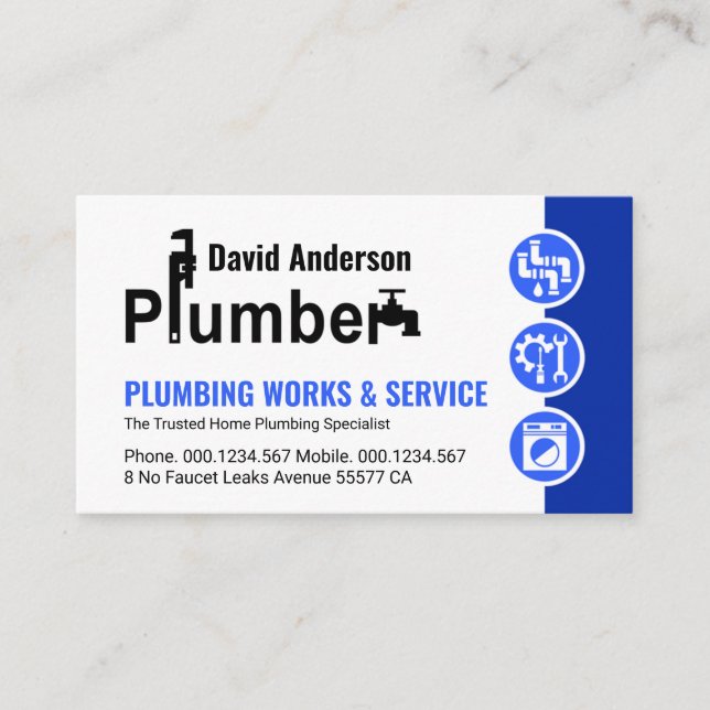 Carte De Visite Icônes de plomberie bleue (Devant)