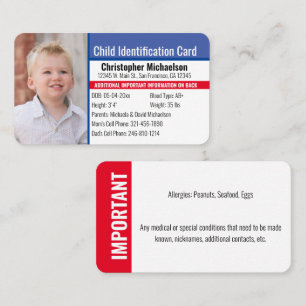 Carte De Visite Identification de l'enfant Photo d'urgence d'aller