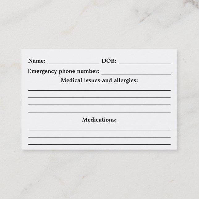 Carte De Visite Identification Médicale d'alerte - personnalisable (Dos)