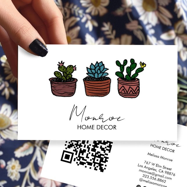 Carte De Visite Illustration Cactus Boho Doodle QR Icônes sociales (Cactus Illustration Boho Doodle QR Social Icons Business Card
)