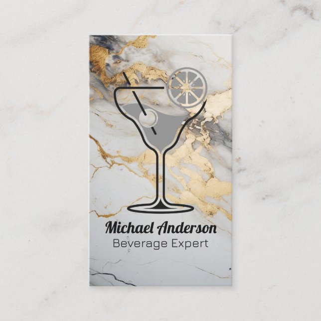 Carte De Visite Illustration Cocktail Drink | Marbre à huile d'or (Devant)