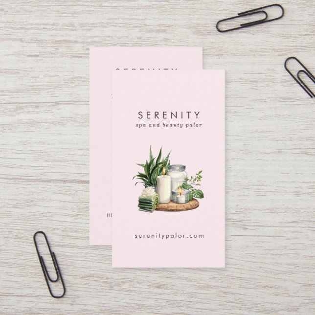 Carte De Visite Illustration d'aquarelle moderne Blush QR Code Spa (Devant/Arrière en situation)